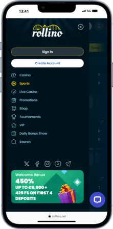 A smartphone screen displaying the Rollino betting menu where users can choose sports like football or tennis before placing bets.