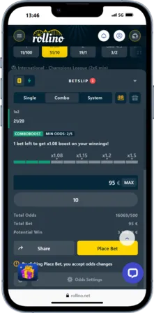 Confirmation screen in the Rollino mobile app showing the final step where players click Place Bet to confirm their wager.