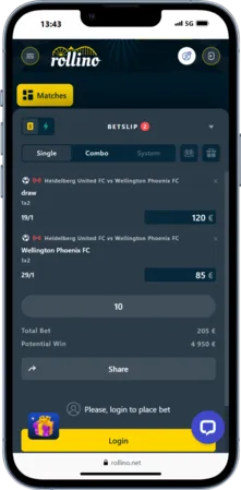 View of Rollino betting screen where selected match odds are added to the bet slip for confirmation.
