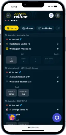 Mobile interface of the Rollino app ios showing live football matches and available betting markets for user selection.