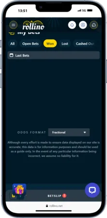 My Bets section in the Rollino app where users can track active, won, or lost bets in real time.