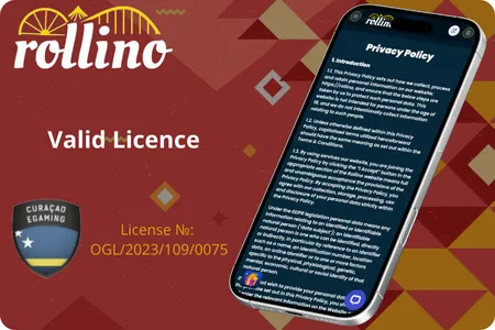 A smartphone screen displaying the Rollino privacy policy over a red geometric background with the Curacao eGaming badge and license number OGL/2023/109/0075, symbolizing verified and transparent gaming authorization