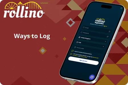 A smartphone displaying the Rollino Bookmaker login screen with options for email, phone number, social accounts, and biometric access, highlighting the platform’s secure and flexible sign-in methods