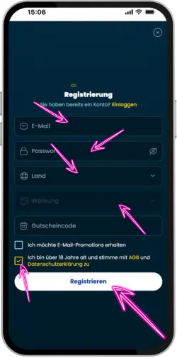 Rollino Casino registration form for entering personal data