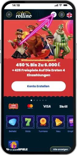 Rollino Casino homepage with the Sign Up button