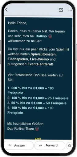 Email confirmation step for a new Rollino Casino account