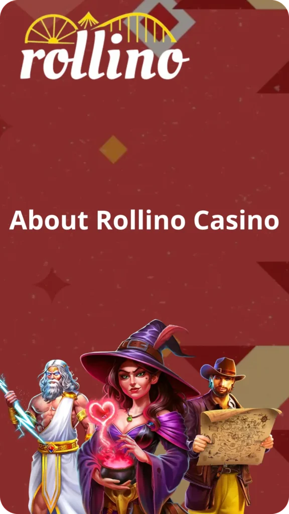 About Rollino Casino banner with fantasy characters: wizard, witch, and explorer