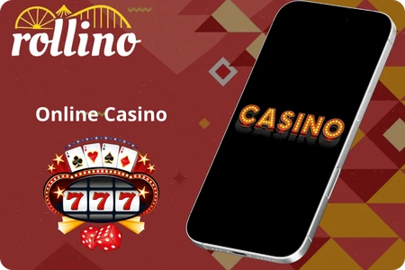 A smartphone displaying a casino-themed Rollino screen beside the Rollino logo and slot imagery on a red geometric background, symbolizing the brand’s online casino offering