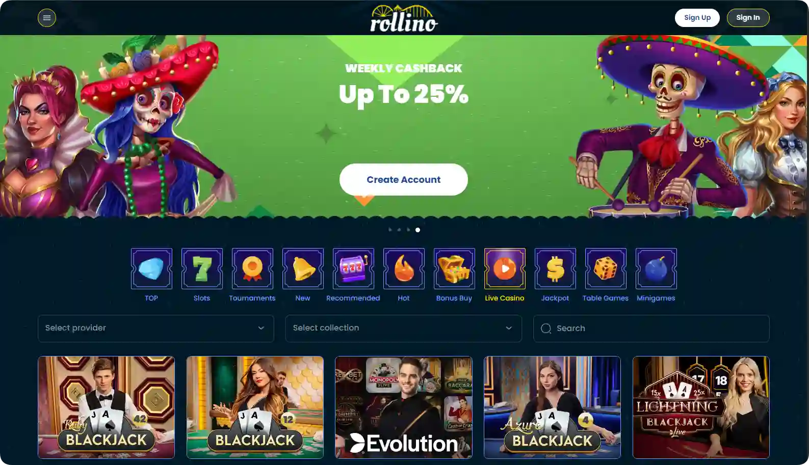 Rollino Live Casino UK tables and dealers