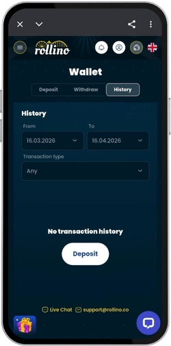 Rollino Casino transaction history with deposits and withdrawals
