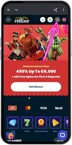 Rollino Casino homepage with game lobby and promotions