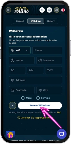 Rollino Casino registration page with sign-up form
