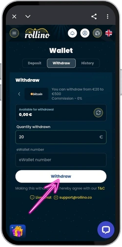 Rollino Casino withdrawal of funds confirmation