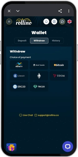 Rollino Casino withdrawal page with payment methods